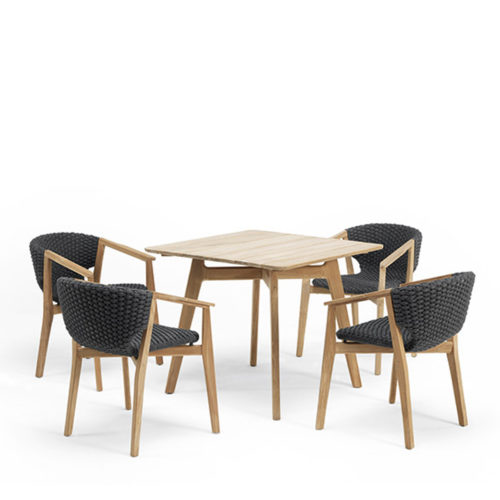 Ethimo's Knit range small dining table and dining chairs.