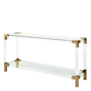 Designer Console Table Royalton by Eichholtz features 2 clear glass table surfaces that run parallel to clear acrylic rods. Corners and legs are brushed brass finish