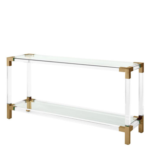 Designer Console Table Royalton by Eichholtz features 2 clear glass table surfaces that run parallel to clear acrylic rods. Corners and legs are brushed brass finish
