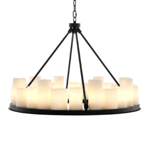 Chandelier Commodore Dia90 by Eichholtz robust black frame finish with a plate of 24 tapered faux pillar candles with 4 recessed LED downlights