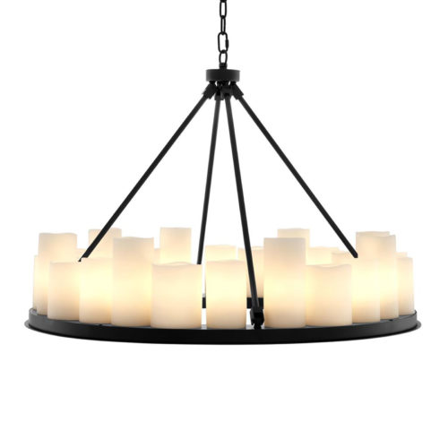 Chandelier Commodore Dia90 by Eichholtz robust black frame finish with a plate of 24 tapered faux pillar candles with 4 recessed LED downlights