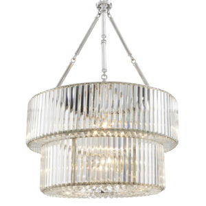 Chandelier Infinity Double by Eichholtz two-tiered drum-like pendant with decorative crystal glass rods and features a nickel finish