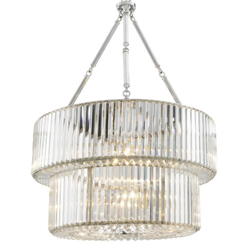 Chandelier Infinity Double by Eichholtz two-tiered drum-like pendant with decorative crystal glass rods and features a nickel finish