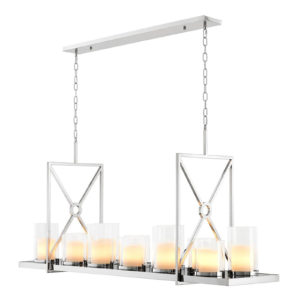 Chandelier Summit by Eichholtz comprises of 12 glass hurricane lanterns and 6 recessed LED downlights