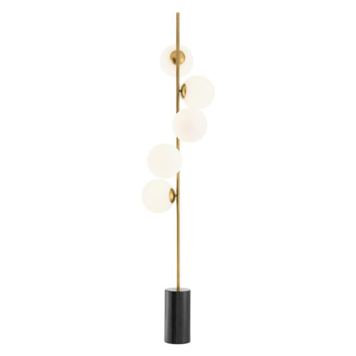 Floor Lamp Tempo by Eichholtz antique brass finish with 5 white glass sphere lampshades and black marble base