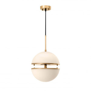 Single Hanging Lamp Spiridon by Eichholtz features antique brass finish and a lampshade formed by two half white glass spheres
