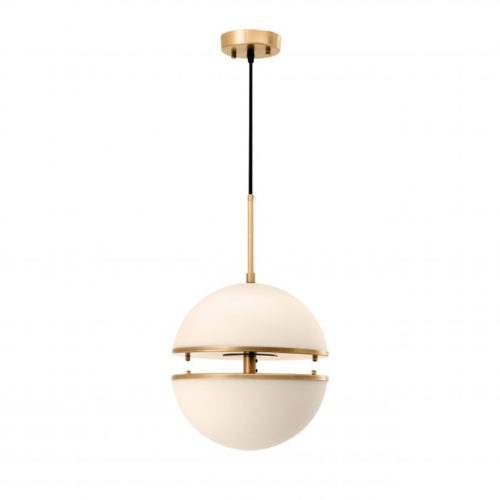 Single Hanging Lamp Spiridon by Eichholtz features antique brass finish and a lampshade formed by two half white glass spheres