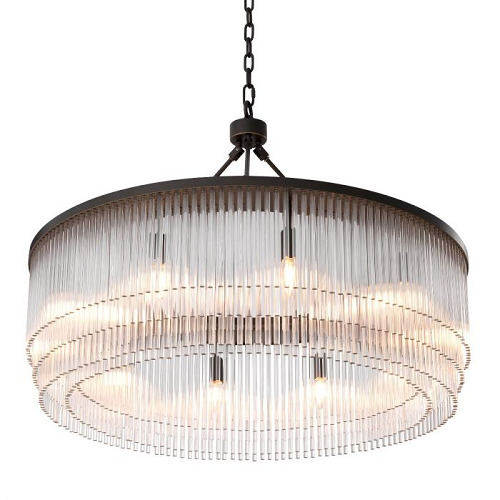 Chandelier Hector by Eichholtz with tiers of glass rods in a bronze highlight or light brushed brass or nickel finish