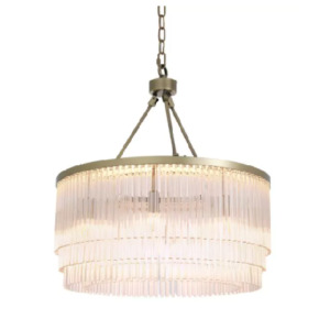 Chandelier Hector by Eichholtz with tiers of clear glass in nickel or light brushed brass or bronze highlight finish