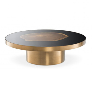 Designer Coffee Table Concord in brushed brass finish, wooden inlay, high gloss black. Table-top features a slice of tree trunk. Pedestal base