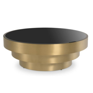 Designer round Coffee Table Sinclair by Eichholtz in brushed brass finish with black bevelled glass. Features a telescopic design