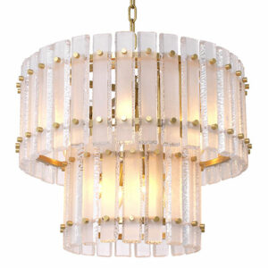 2 Tiered designer Chandelier Blason by Eichholtz. antique brass finish with frosted glass plates