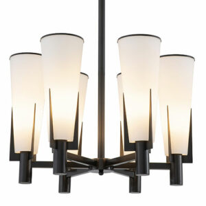 Chandelier Dino in Bronze highlight or antique brass finish 6 white glass cone-shaped shades