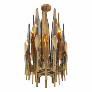 Chandelier Sky Vertical antique brass finish with amber and smoke glass. 2 Tier fixture