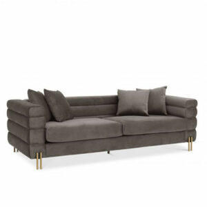 Designer luxurious Sofa York available in savona grey velvet, mademoiselle beige or boucle finish with brushed brass finish legs. Includes 4 throw cushions