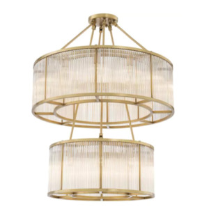 2 Tier drum-shaped chandelier Bernardi by Eichholtz antique brass finish and vintage glass