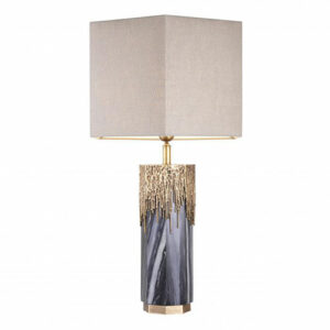 Table Lamp Miller by Eichholtz in vintage brass and grey marble finish with linen mix hexagonal lampshade