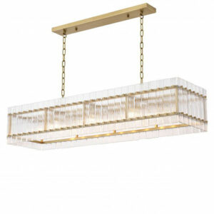 Chandelier Ruby by Eichholtz is a rectangular pendant in antique brass finish with rows of ribbed clear glass -10 lights