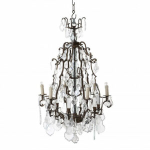 French Boudoir Chandelier Luster Chateau De Wideville antique brass finish with sparkling clear glass droplets and 6 candle-shaped fittings