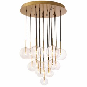 Designer Chandelier Aulani by Eichholtz this antique brass finish pendant features 12 clear glass globes adjustable in height