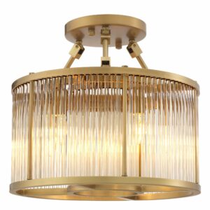 Designer Bernardi Ceiling Lamp by Eichholtz. A tier of glass rods in a drum-shaped lampshade. Antique brass finish or Bronze highlight finish