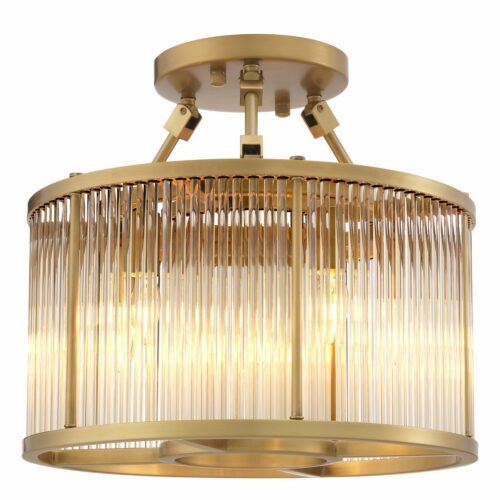 Designer Bernardi Ceiling Lamp by Eichholtz. A tier of glass rods in a drum-shaped lampshade. Antique brass finish or Bronze highlight finish