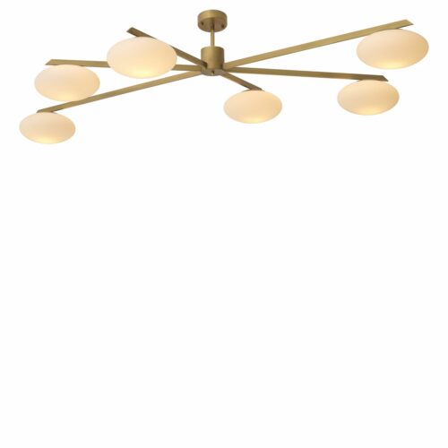Antique brass finish with 6 white elliptical lampshades Chandelier Evergreen by Eichholtz