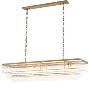 Chandelier East by Eichholtz is a 3 tiered rectangular pendant with antique brass finish and clear glass rods