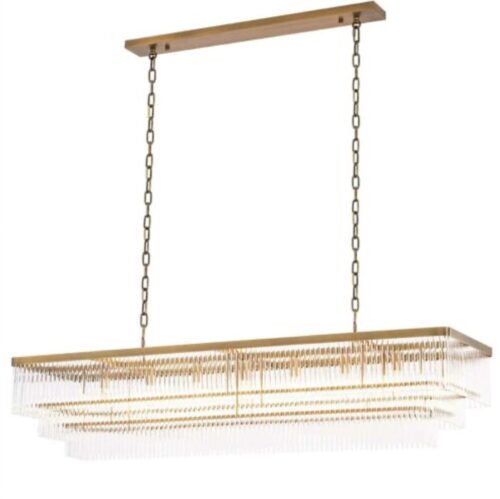 Chandelier East by Eichholtz is a 3 tiered rectangular pendant with antique brass finish and clear glass rods