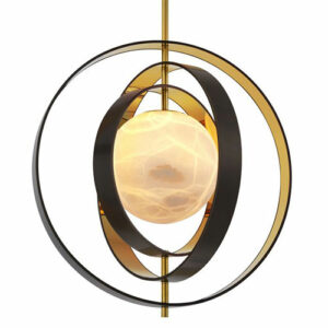 Chandelier Pearl by Eichholtz bronze highlight and gold finish with a pearl-like alabaster shade surrounded by four rings