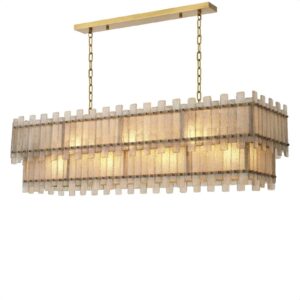Designer Caprera Chandelier by Eichholtz. Antique brass finish with hand blown glass. Rectangular 2 tiered design with 10 lights