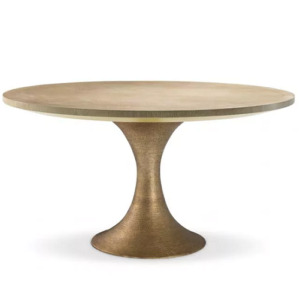 Designer Round Dining Table Melchior by Eichholtz in washed oak veneer and an hourglass-shaped brushed brass finish base