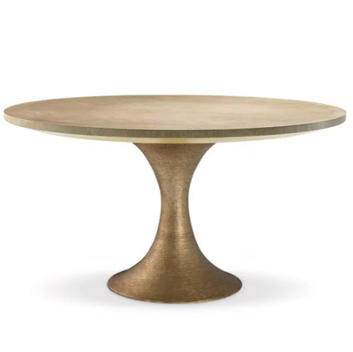 Designer Round Dining Table Melchior by Eichholtz in washed oak veneer and an hourglass-shaped brushed brass finish base