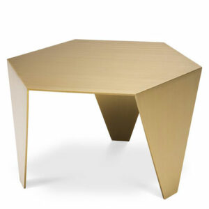 Designer Side Table Metro Chic by Eichholtz. Hexagonal with three tapered legs in brushed brass finish or bronze finish