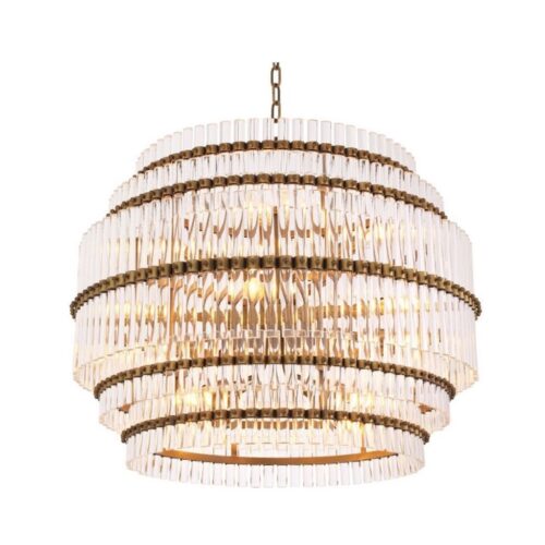 Designer 5 tier Chandelier Scottsdale by Eichholtz Antique brass finish with clear glass tubes.