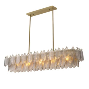 Rectangular brushed brass finish ceiling pendant with smoke glass decorations Verbier Chandelier by Eichholtz