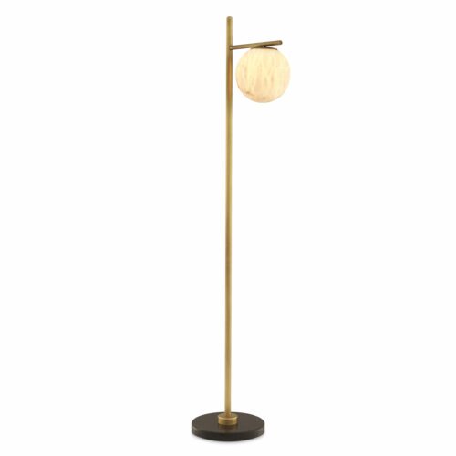 Floor Lamp Faloria by Eichholtz in antique brass finish with alabaster sphere and black round marble base