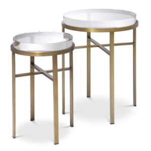 Designer Side Table Hoxton by Eichholtz in brushed brass finish with clear glass tops. Set of 2