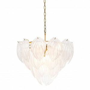 Hand blown leaves of frosted glass antique brass finish ceiling pendant Chandelier Novida by Eichholtz