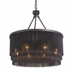 Glamourous Tissot Chandelier in Bronze highlight or antique brass finish with 4 rows of thin chains handing in a circular shape