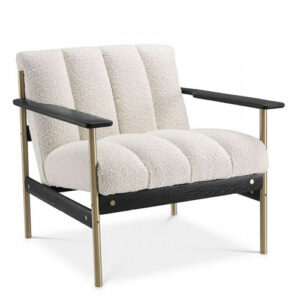 Designer Occasional Chair Elan by Eichholtz in bouclè cream fabric with deep channel stitching and a brushed brass and black structure finish