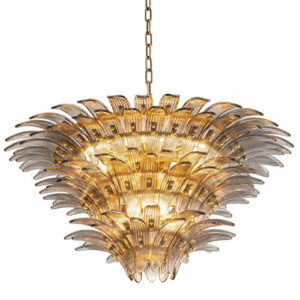 Three tiered light fixture smoked glass light brushed brass finish Chandelier Italo by Eichholtz