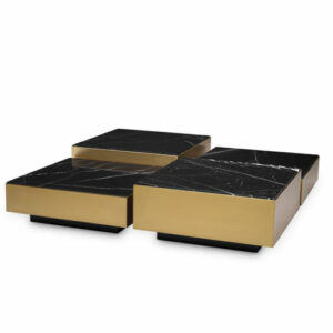 Designer Esposito Coffee Table by Eichholtz (set of 4) in brushed brass finish with honed black marble and black base or bronze finish with honed black marble and black base or brushed brass finished with bevelled mirror glass and black base