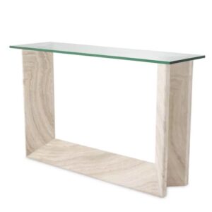 Desginer Console Table Fortuna by Eichholtz in travertine finish with glass table-top