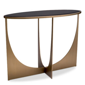 Designer Console Table Elegance by Eichholtz in brushed brass finish frame with a bevelled black glass table-top