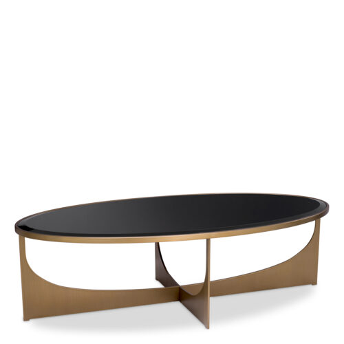Designer oval Coffee Table Elegance by Eichholtz in brushed brass finish with bevelled black glass