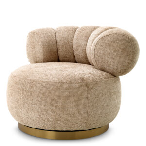 Occasional Designer Swivel Chair Phedra by Eichholtz in lyssa sand finish with a brushed brass finish swivel base