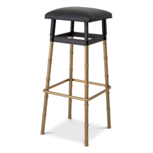 Designer Bar Stool Princess by Eichholtz in vintage brass finish with black leather seating