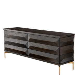 Designer Dresser Denver by Eichholtz in mocha oak veneer and brushed brass finished legs. Features six drawers