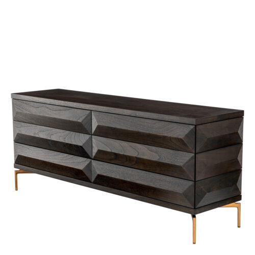 Designer Dresser Denver by Eichholtz in mocha oak veneer and brushed brass finished legs. Features six drawers